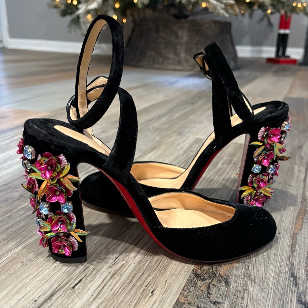 Christian Louboutin Black Velvet Heels with Floral Accents!
